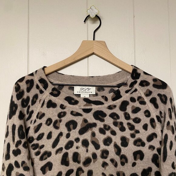 PLY 100% Cashmere Leopard Print Long Sleeve Crew Neck Sweater, XL. - Picture 3 of 6